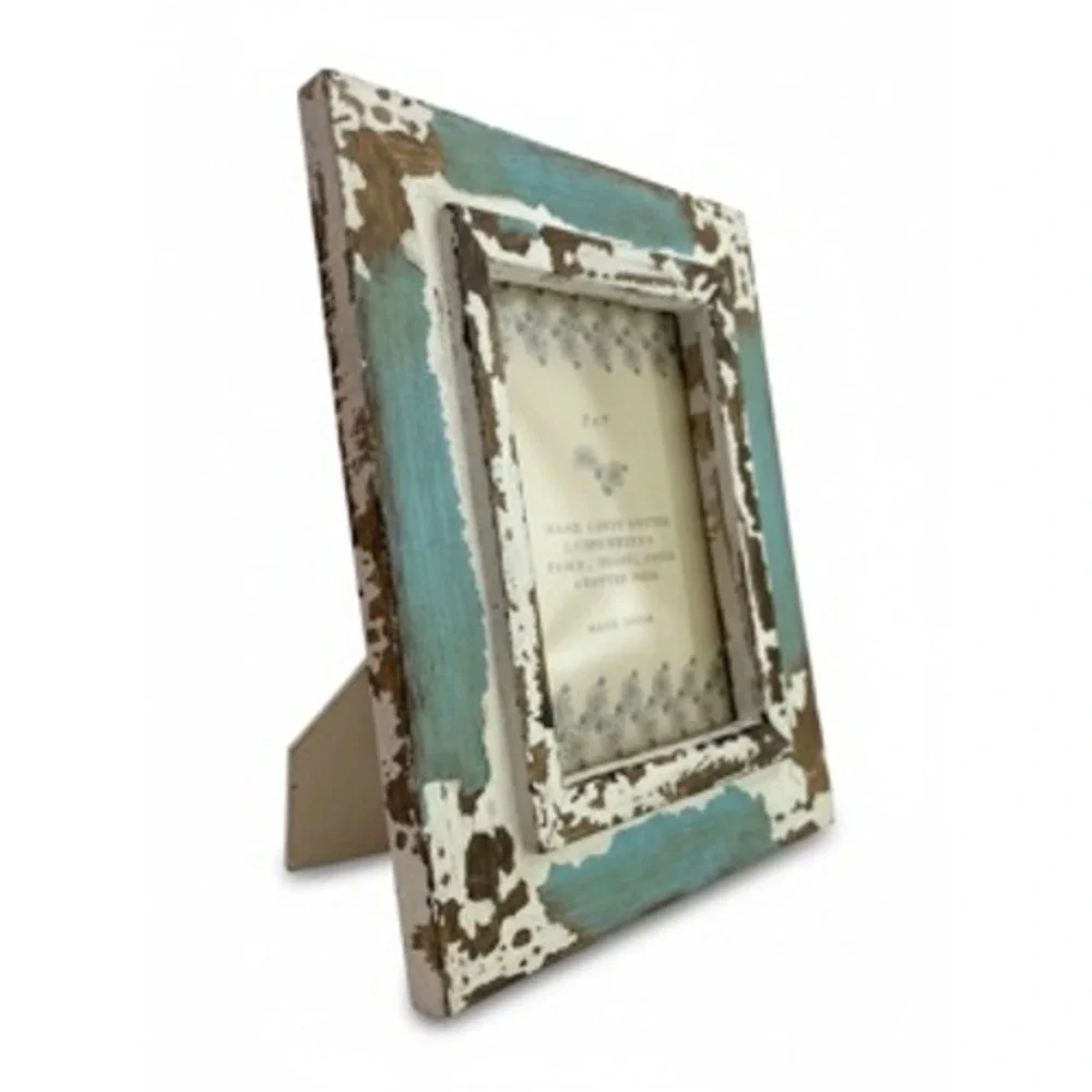 Rustic Distressed Wood 5x7 Photo Frame Turquoise White Weathered Farmhouse India